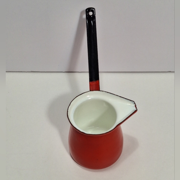 Vintage Yugoslavian Red Enamelware Turkish Coffee Pot Butter Melter Syrup Dipper - Picture 2 of 10